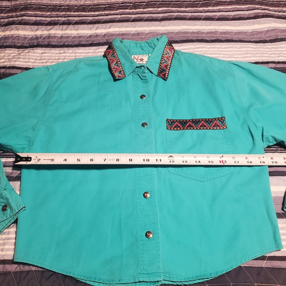 Vintage Nuovo Sz S Aztec Embellished Blue Cotton Cropped Button Up Shirt - Picture 11 of 13